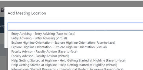 Watermark Add Meeting Location, with various Highline campus department locations for face-to-face or virtual meetings. Both the face-to-ace and virtual options for 'Faculty Advisor - Faculty Advisor' are circled.