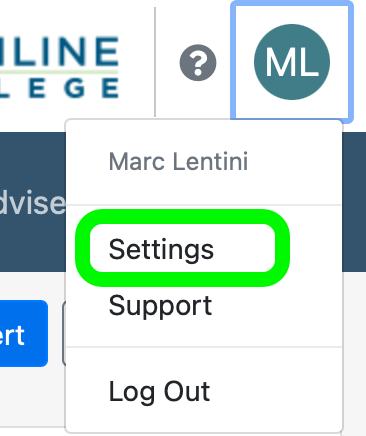Watermark top right of the homepage there is your user icon. Click it and a drop-down menu will appear, with 'Settings', 'Support', and 'Log out'. Click 'Settings.'