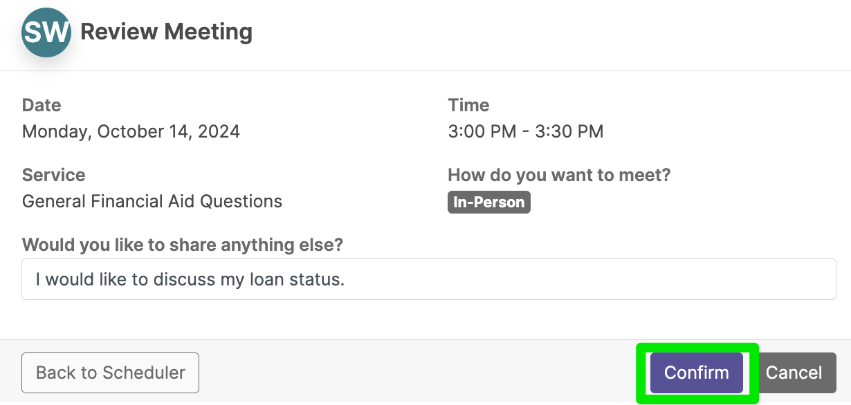 Watermark student schedule a meeting, revieww meeting details to confirm. Shows date, time, service, how you want to meeting, and any notes you want to add.