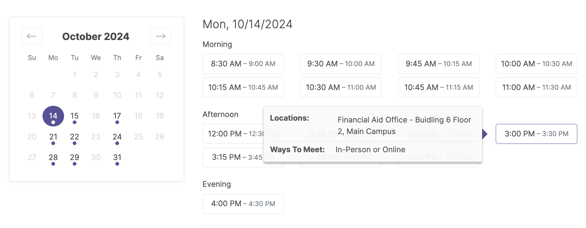 Watermark student schedule a meeting choose a time calendar view, In Person and Online options