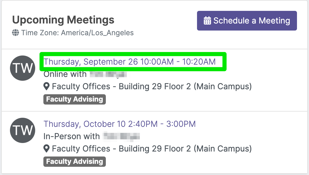 Watermark student Upcoming Meetings list on home page, showing all future meetings. You can click on a meeting to review the details or cancel it.