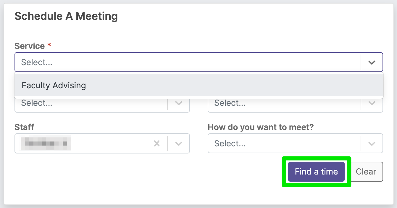 Waatermark Student Schedule meeting iwth advisor after selecting service and optionally how you want to meet, click the 'Find aTime' button on the bottom right, or the cancel button