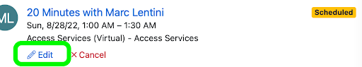 Watermark Meeting details, including student name, date, time, length of meeting, and location/virtual. The Edit button is highlighted