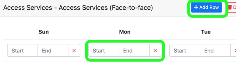 Watermark Setting office hours for a specific location (service), you can add rows to individual days for multiple time slots you are available.