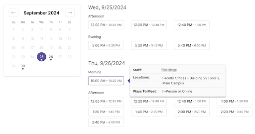 Watermark Student scheduler calendar of available times