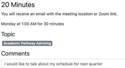 Watermark Student Meeting scheduling confirmation and details, showing length of time, date and time, topic, and your comments