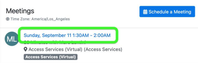 Watermark Student Meetings module on homepage with an example meeting highlighted to show the date and time information