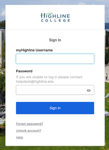 Highline Sign In Page to enter the MyApps Dashboard, using your myHighline Username and Password