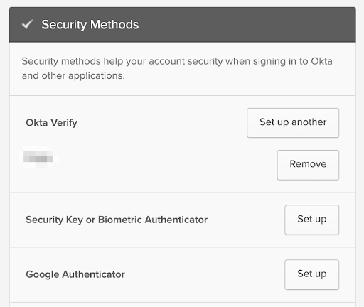 MyApps Dashboard settings, security methods section. Available methods to set up are Okta Verify, Security Key or Biometric Authenticator, or Google Authenticator.