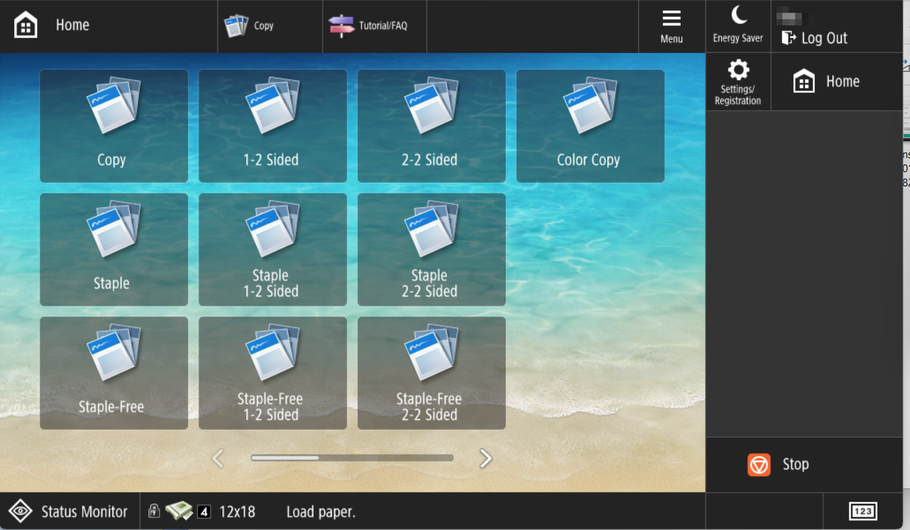 Screenshot of the Canon home screen, on the PaperCut Canon devices, which display a range of Copy shortcuts (presets) to choose from