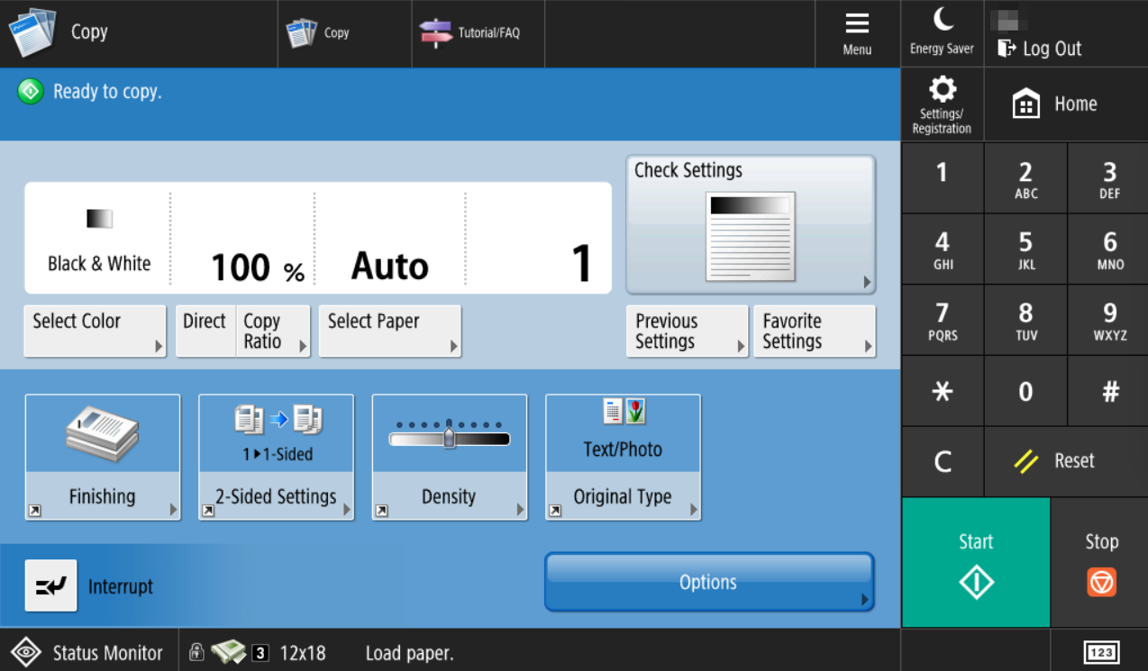 Screenshot of the 'Copy' screen on PaperCut Canon devices, with customization settings. If you clicked into this through a copy shortcut option, the settings will be adjusted for that shortcut, but can be changed as needed before starting.