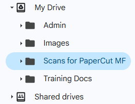 Screenshot of Google Drive navigation bar, just the second for 'My Drive' showing the subfolders, with the automatically generated 'Scans for PaperCut MF' highlighted.