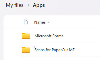 Screenshot of Microsoft OneDrive in the My files > Apps folder, showing subfolders including the automatically generated 'Scans for PaperCut MF' folder