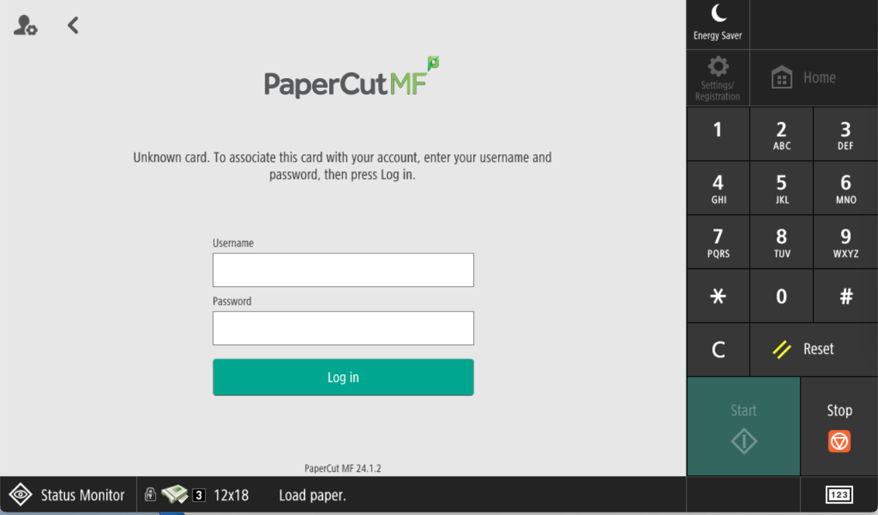 Screenshot from a Canon MFD (multi-Function Device used for printing/scanning/copying), showing the screen that appears when you tap an access card or fob to the device's reader but it does not recognize it. It prompts you to sign in with your highline credentials in order to associate that card/fob with your PaperCut account.