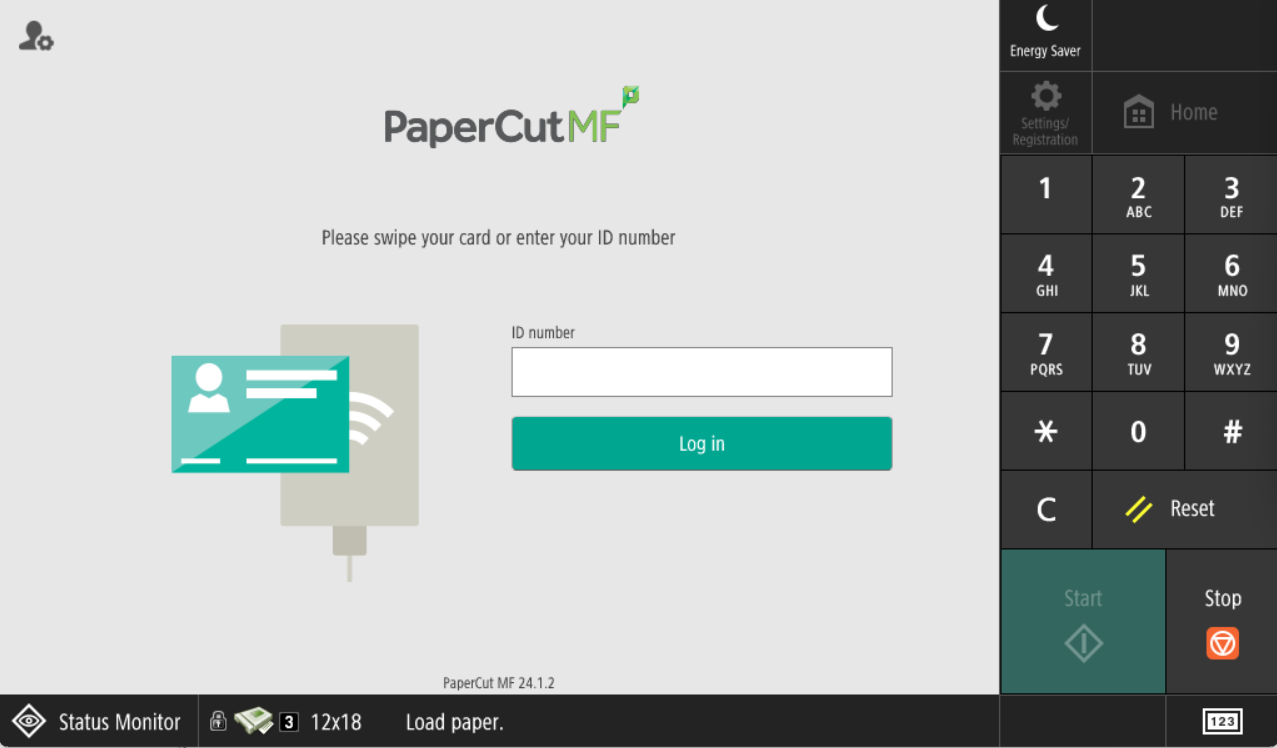 Screenshot from a Canon MFD (multi-Function Device used for printing/scanning/copying), showing the initial landing page when turned on, requiring you to log in with your PaperCut PIN/ID Number.