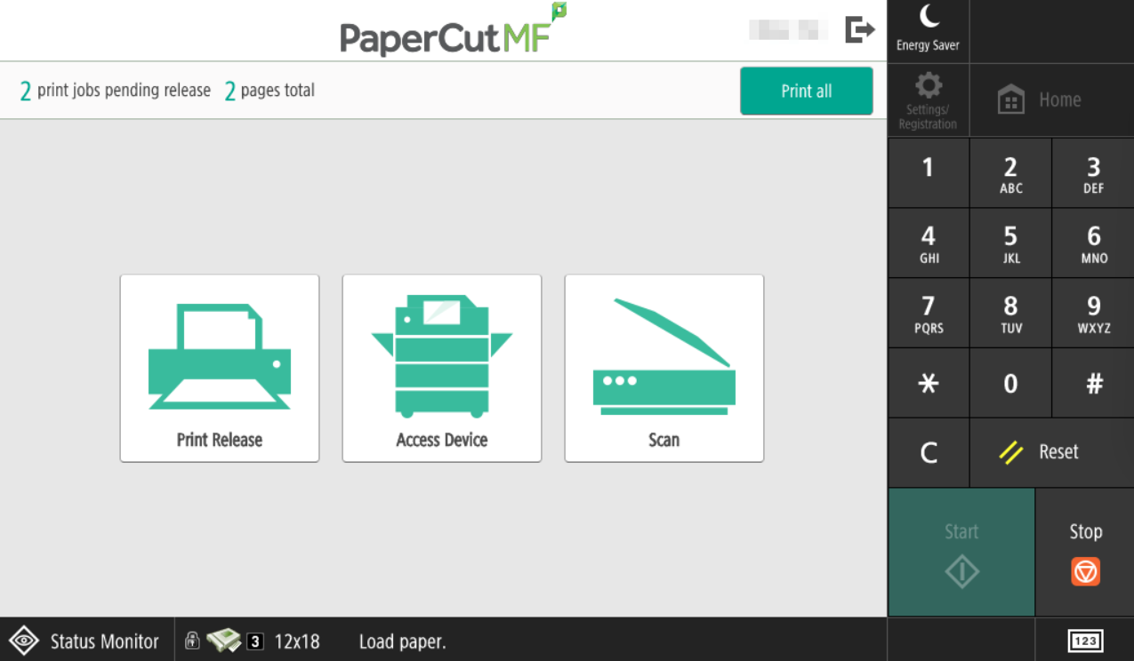 Screenshot from a Canon MFD (multi-Function Device used for printing/scanning/copying), showing the dashboard after you log in. The number of your available print jobs is at the top left, with a 'Print All' button on the right. You may also choose 'Print Release' to look at the print jobs in detail, 'Access Device', and 'Scan'