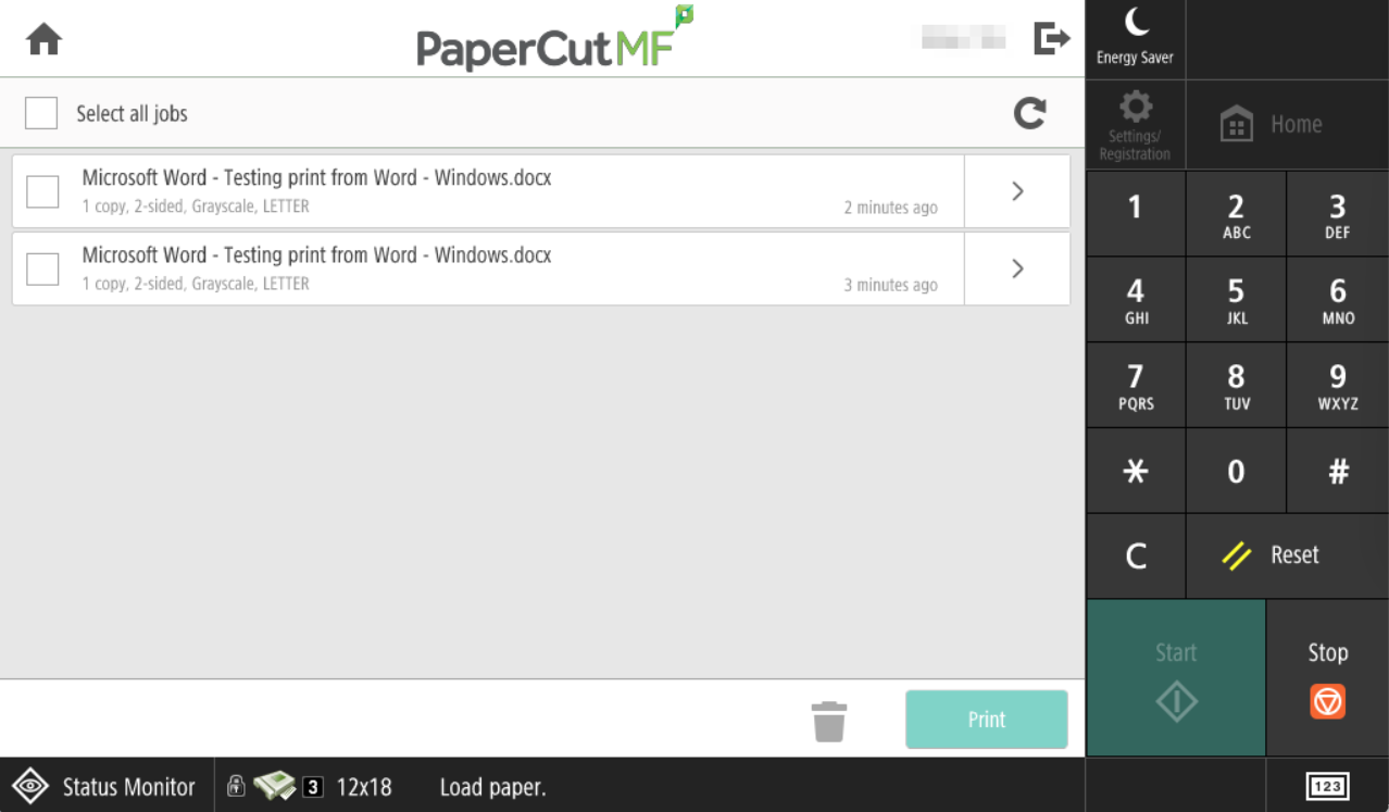 Screenshot from a Canon MFD (multi-Function Device used for printing/scanning/copying), showing the Pending Jobs screen with all the available/unreleased jobs in your queue. No jobs are selected.