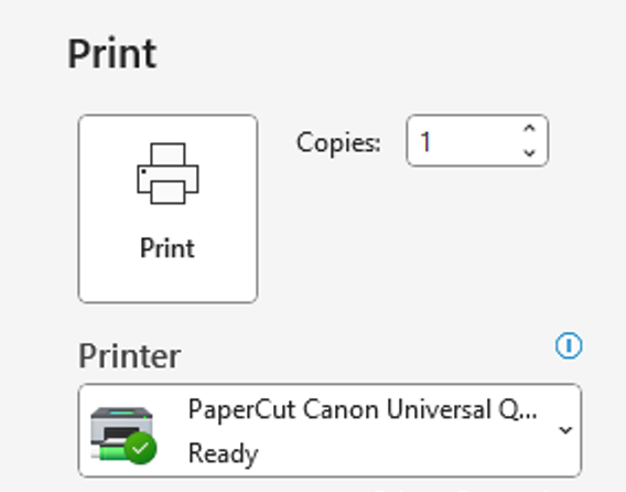 Screenshot from Microsoft Word's Print screen, showing the selected Printer is 'PaperCut Canon Universal Queue'