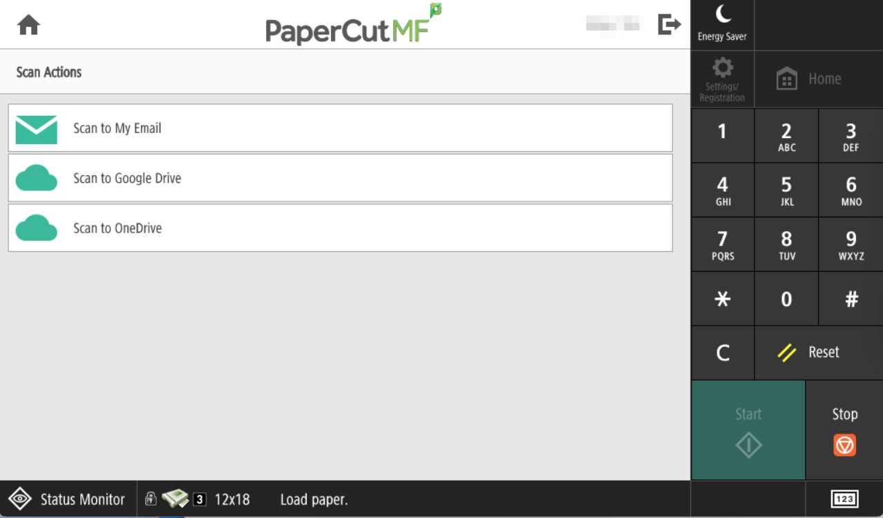 Screenshot from a Canon MFD (multi-Function Device used for printing/scanning/copying), showing the Scan Actions options: Scan to My Email, Scan to Google Drive, and Scan to OneDrive.