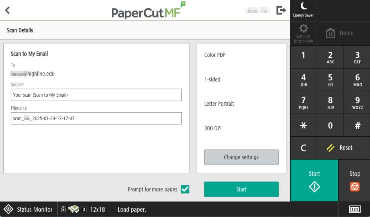 Screenshot from a Canon MFD (multi-Function Device used for printing/scanning/copying), showing the Scan Details page under the 'Send to Email' option. This sends the scan file to your Highline email. You cn leave the default filename and subject, or edit them, and choose to select 'Prompt for more pages' or not. Click the green Start button when ready.