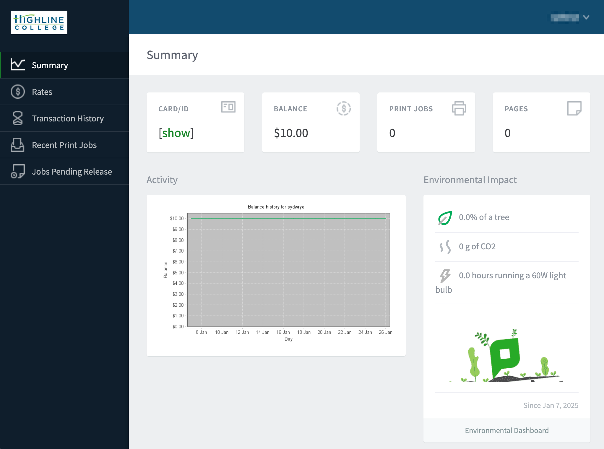 Screenshot of web-based Highline College PaperCut dashboard after logging in. The navigation bar on the left has the options: Summary, Rates, Transaction History, Recent Print Jobs, and Jobs Pending Release. The screen shows the Summary by default, with card/ID, Balance, number of Print Jobs in your queue, and number of pages (pieces of paper) used so far. There is Activity graph showing usage over time, and some Environmental Impact data to show amount of tree material used, C02 produced, and energy (using hours spent running a 60w light bulb as a marker) so far.