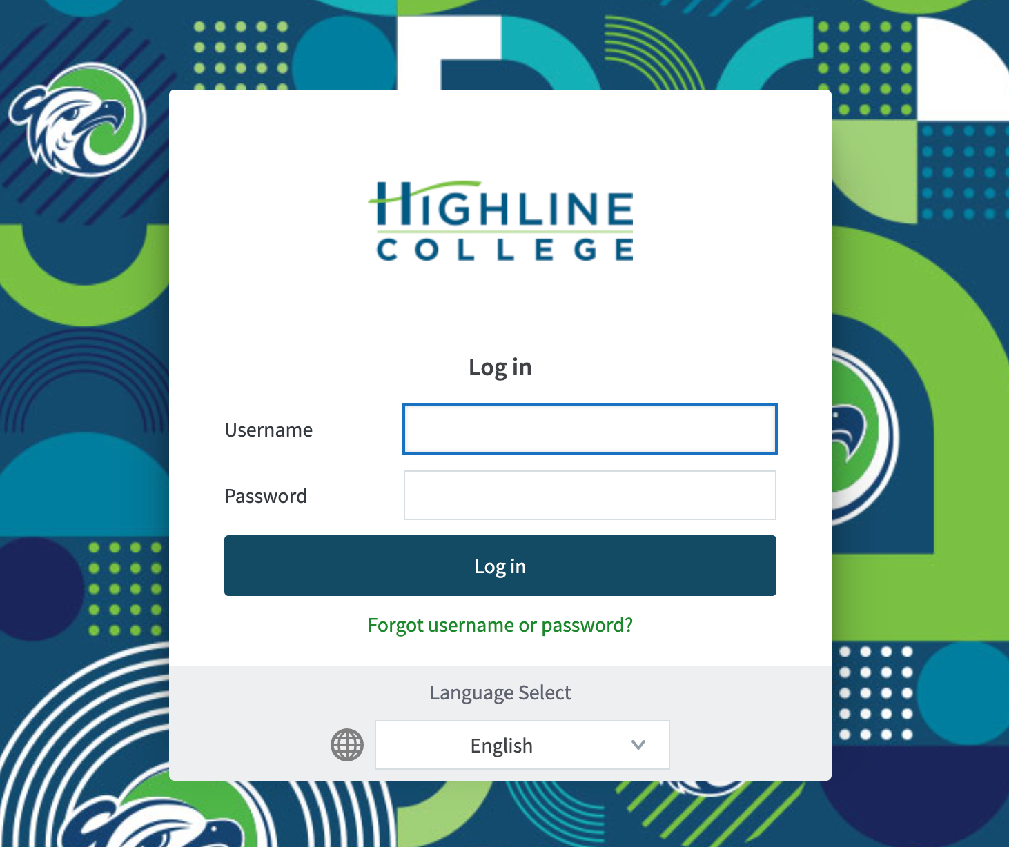 Screenshot of the log in to the web-based Highline PaperCut dashboard. Log in with your Highline Username and Password.