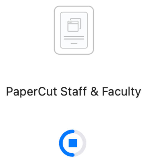 Screenshot from MacOS 'Self Service' 'Browse: All' showing the active installing icon under 'Papercut Staff & Faculty'