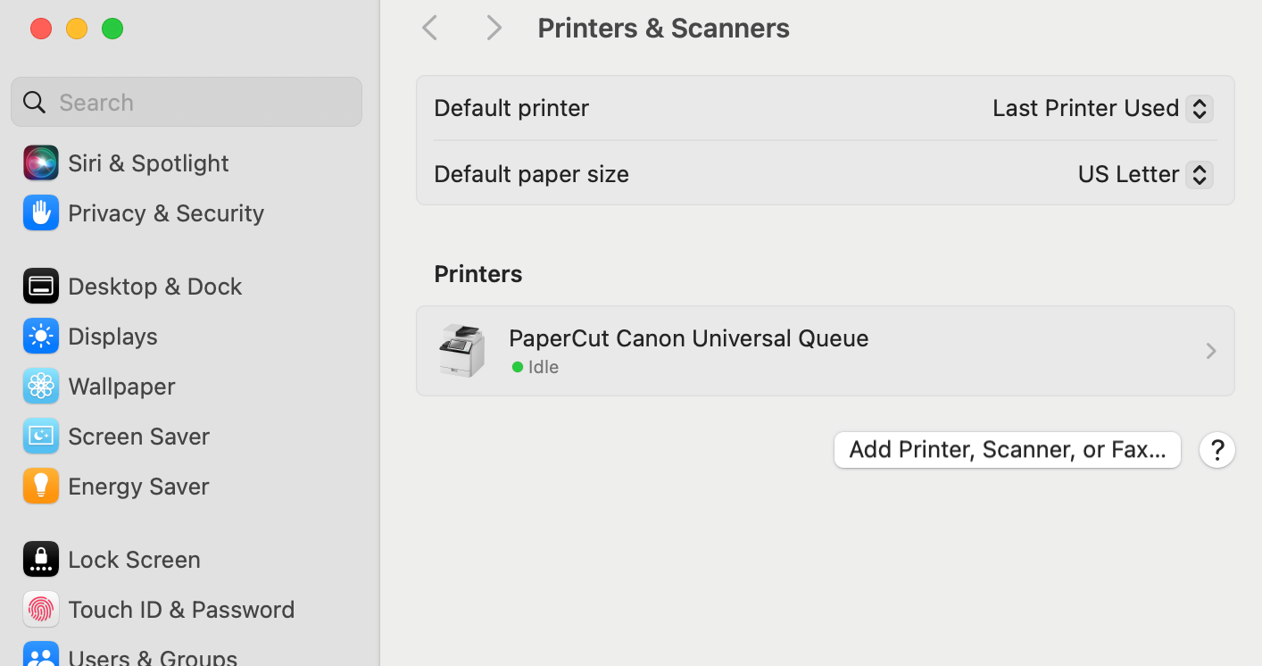 Screenshot of MAcOS 'Printers and Scanners' settings. Under 'Printers' should be 'Papercut Canon Universal Queue'