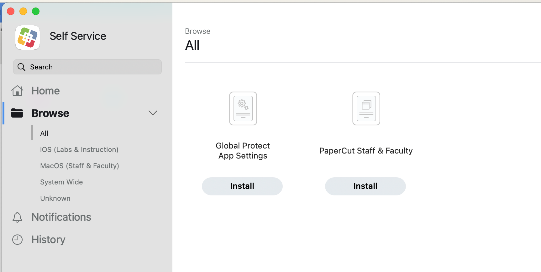 Screenshot of MacOS 'Self Service' screen under 'Browse: All' showing two icons, the 'Global Protect App Settings,' and 'PaperCut Staff & Faculty'