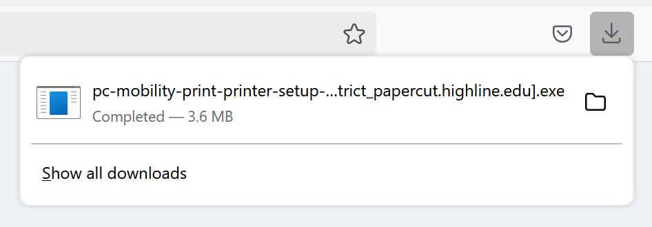 Screenshot of Mobility Print installer file in Windows 'Downloads' folder drop-down