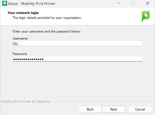 Screenshot of Setup for Mobility Print Printer requesting your Network Login. Use your Highline credentials and click Next.