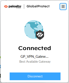 On Windows, the PaloAlto Global Protect log in screen, reading "Connected" with a blue image of the earth. It also reads "GP_VPN_Gatew... Best Available Gateway." There is a blue 'Disconnect' button.