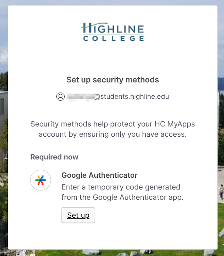 MyApps Security Method Set Up Google Authenticator by entering temporary code generated from the Google Authenticator app. Click the 'set up' button to initiate.