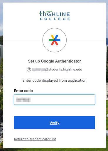 HighlineOkta set up Google Authenticator, enter code