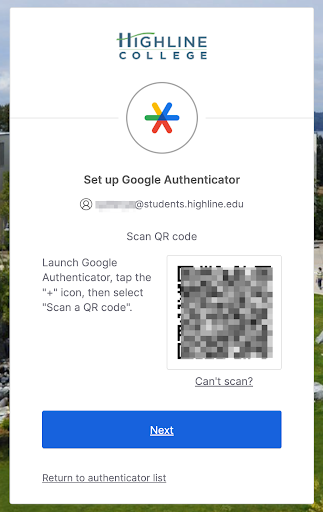 HighlineOkta set up Google Authenticator, scan qr code