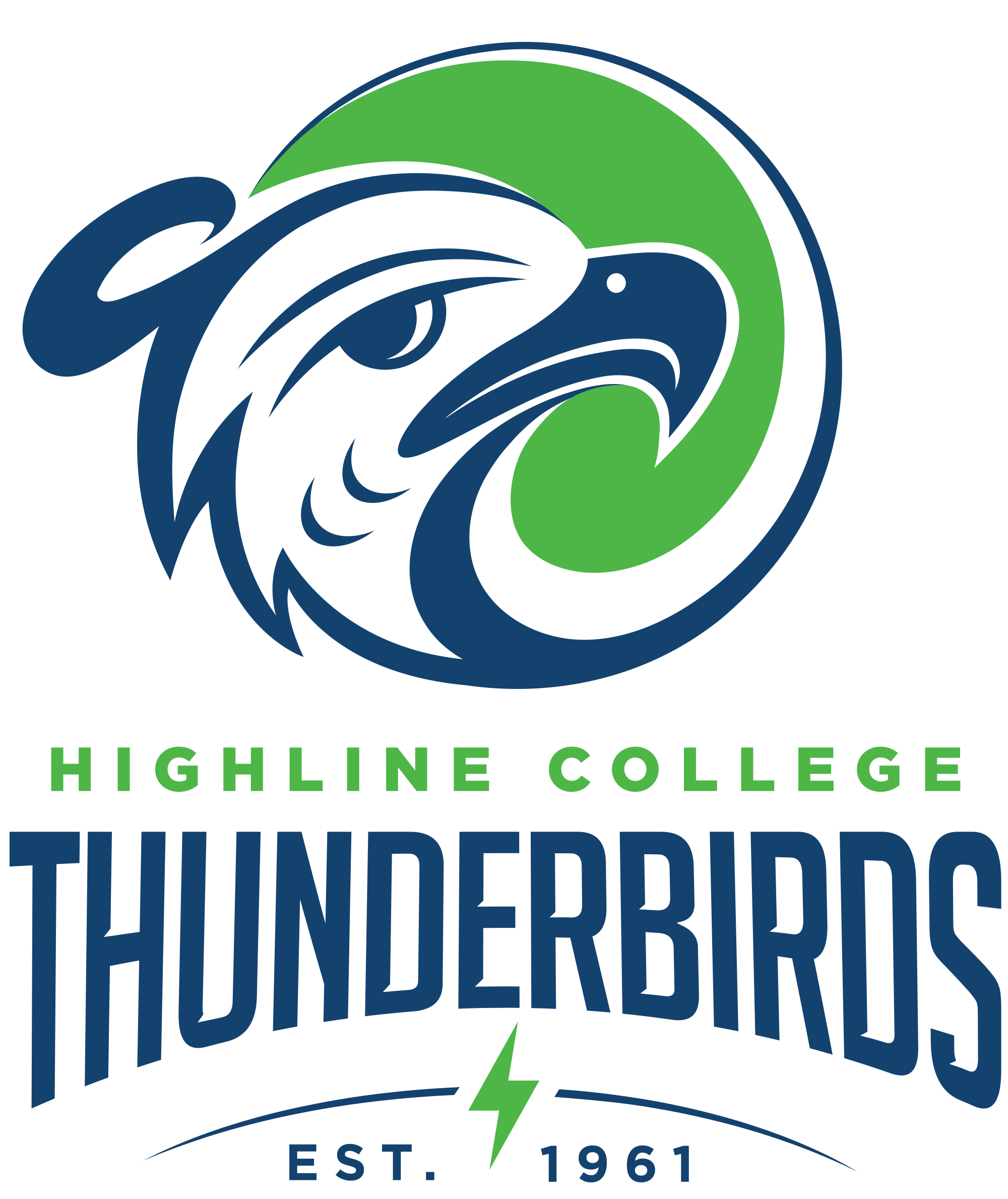 Highline College Thunderbirds logo, est. 1961, in blue, green, and white
