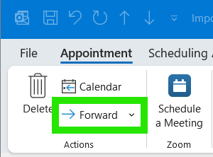 Screenshot of a Microsoft Outlook event details window of an event you made, closeup on the top left 'Actions' section on the ribbon bar.