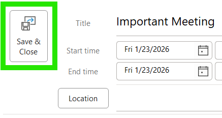Screenshot of Microsoft Outlook's event creation window, close up on the left side of the meeting details, with the 'Save and Close' button highlighted