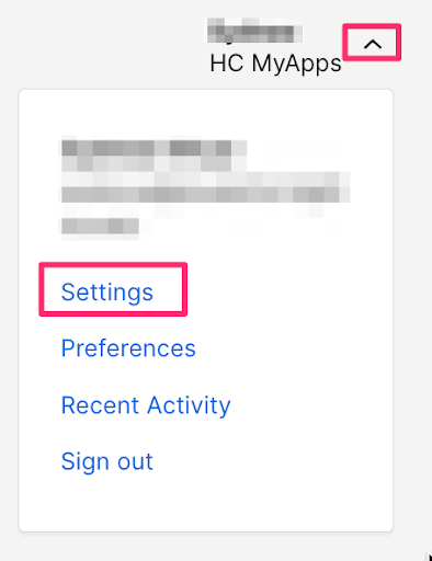 MyApps screenshot of drop down menu at top right, with Settings, Preferences, Recent Activity, and Sign Out as options. 'Settings' is highlighted. 