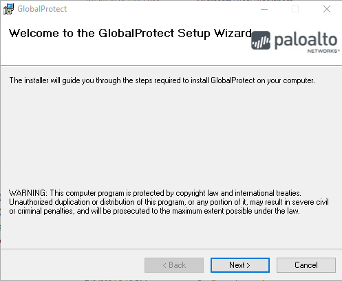 paloalto setup wizard for GlobalProtect, to guide you through the steps required to install GlobalProtect on yor computer. Click next to continue