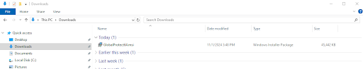 Windows Downloads folder, showing recent download of the GlobalProtect installer package